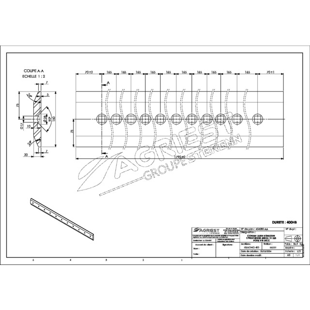 Contre Lame 150X20 LG 1790 400HB 11 TRS pour VIS TFCCØ16 EA 165 référence fournisseur 454280
